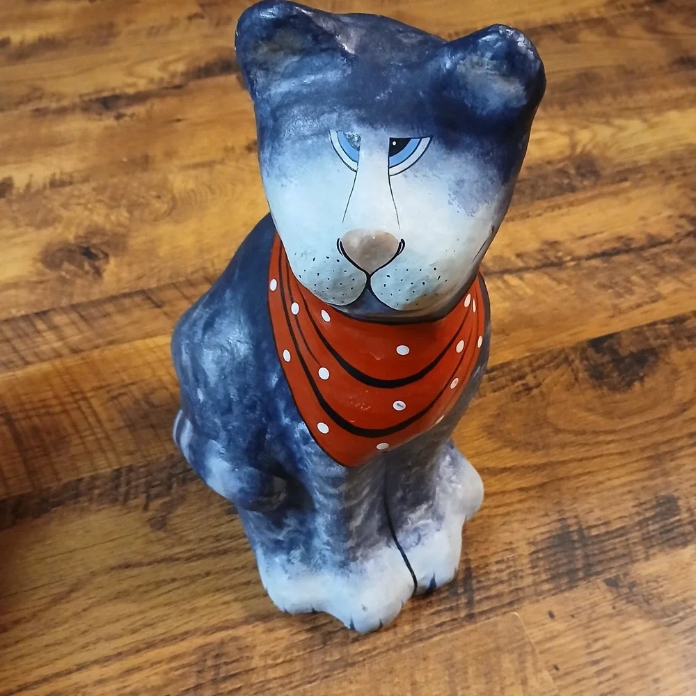 Vtg Paper Mache Cat Sitting Hand Painted Made In Thailand Red Bandana‎ Bow 14